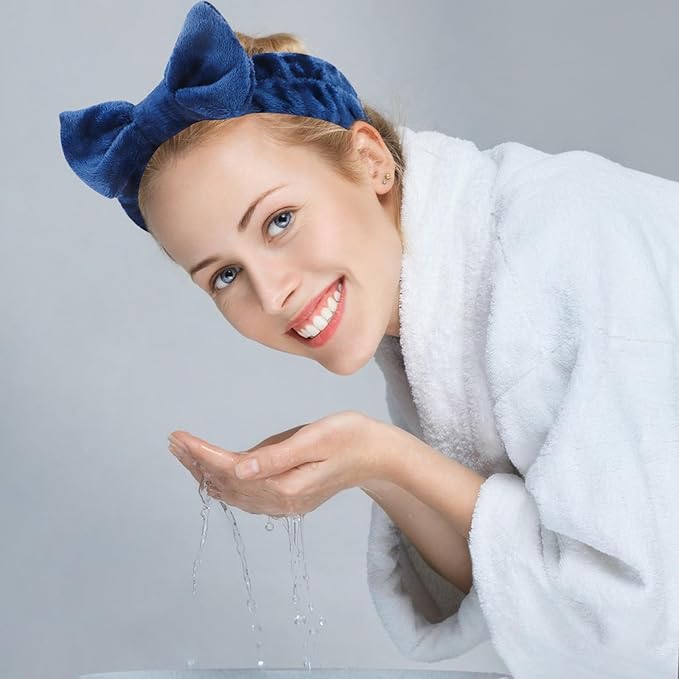 10 Pack Spa Headband for Washing Face Navy Blue Skincare Headbands Bulk for Women Girls Soft Coral Fleece Hairband Cute Bow Headbands for Washing Face Makeup