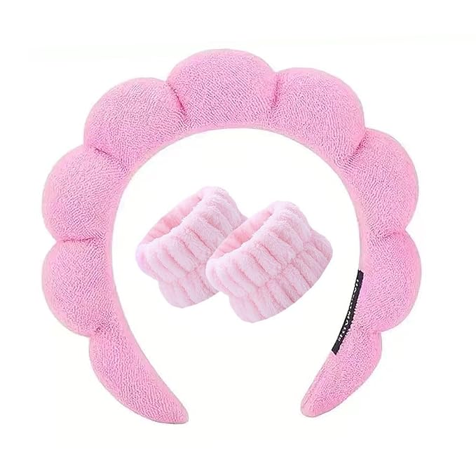 Spa Headband and Wristband Set for Women,Terry Cloth Sponge Headband for Washing Face,Makeup,Facial Mask and Skincare (Pink, One Size)
