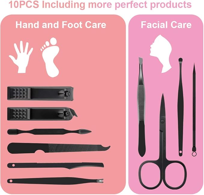 Nail Clippers Set and Manicure Set - Professional Stainless Steel Nail Kit, Manicure Kit, Nail Care Kit with Travel Case, File, Tweezers, Grooming Kit - Ideal Gift for Women and Men (10PCS) by OKOM