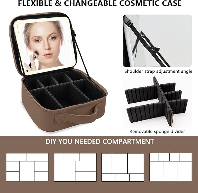 Travel Makeup Bag with LED Lighted Mirror, Travel Makeup Organizer,3 Color Setting Cosmetic Makeup Box, Adjustable Dividers and Brush Holder（Mocha）