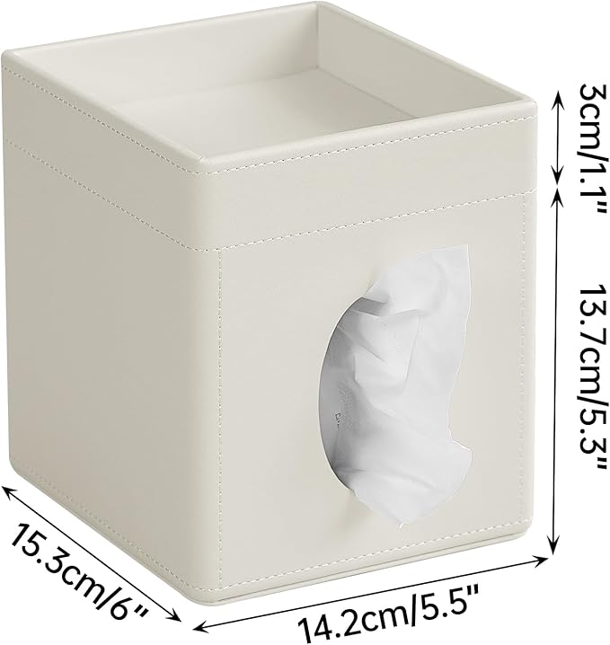 Tissue Box Cover, PU Leather Square Tissue Box Holder with Storage Tray for Bathroom Vanity Countertop Night Stands Bedroom Office Desk, Stylish Tissue Holder Decorative Organizer (Cream)