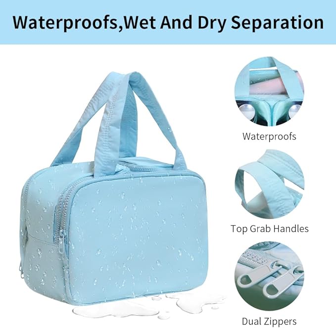 Puffer Travel Toiletry Bag – Large Capacity 11.8”L Makeup Organizer, 4 Compartments, Waterproof Wet/Dry Separation, Ultra-Light Taslan Fabric – Ideal for Business Trips, Gym, Family Vacation, Camping