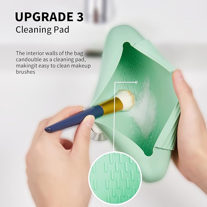 Silicone Makeup Brush Holder Travel Cosmetic Bag：Soft Portable Cosmetic Face Brushes Holder with Upgrade Anti-Fall Out Magnetic Closure, Large Travel Makeup Brush Case - Green