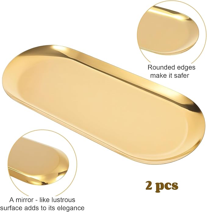 2PACK Gold Decorative Tray,Oval Stainless Steel Trays, Decorative Tray for Jewelry Dish Cosmetics Organizer Bathroom Clutter Serving Platter (Gold, 9 in)