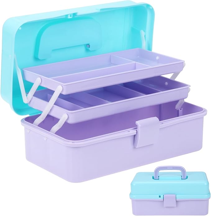 OUTUXED 12.5inch 3-Layer Multipurpose Craft Organizers, Portable Folding Toolbox, Plastic Tool Box with Handle for Sewing Supplies, Medicine, Art Supplies, Nails and Hair Accessories