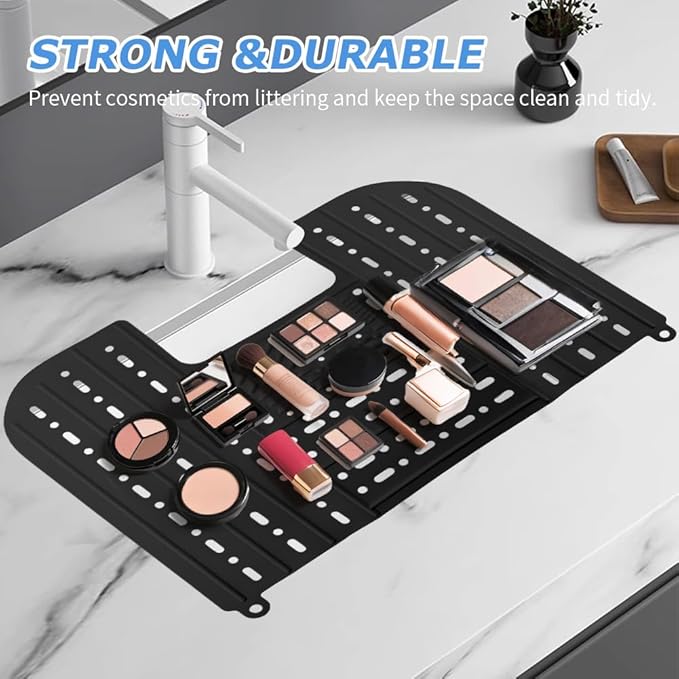 Bathroom Sink Cover for Counter Space With Storage Bag, 22 * 17" Foldable Sink Cover,Silicone Beauty Makeup Brush Cleaning Mat,for Counter Space & Storage Saver(black)