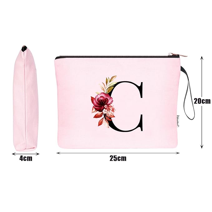 Vavabox A-Z Personalized Makeup Bag, Birthday Gifts for Women Mom, Gifts for Best Friend, Bride Bridesmaid Cosmetic bag (C, Pink)