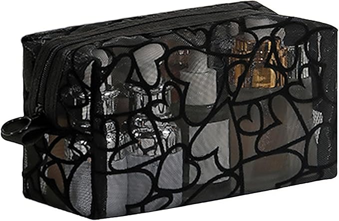 4 Pieces Heart Printed Mesh Makeup Bag Set, Portable Travel Mesh Cosmetic Bags Toiletry Bags Makeup Purse Bags with Zipper Storage Pouches for Home Offices Travel Accessories (Black)