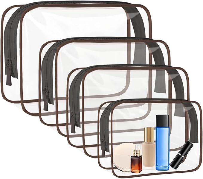 4 Pcs Clear Toiletry Bag, Portable Makeup Cosmetic Bags Pouch with Zipper, PVC Clear Travel Pouch for Women Men - Brown