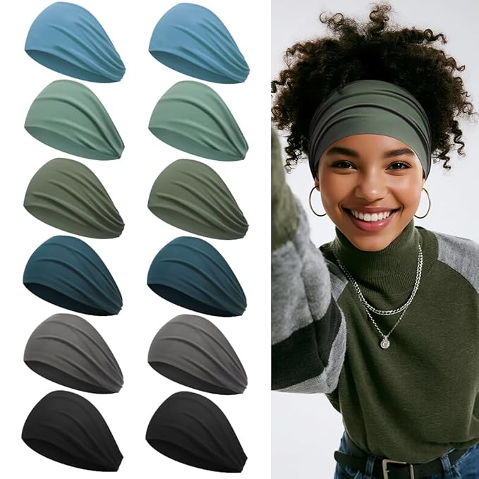 Sweat Headbands for Women, Workout Headbands for Short Hair, Extra Wide Head Bands for Long Hair, 12 Pieces