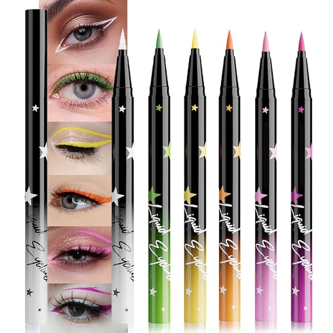 evpct 6Pcs Matte Liquid Eyeliner Set Pack Waterproof Smudge Proof, White Green Yellow Orange Pink Purple Eye Liner Liquid Liner for Face Body Paint, Long-lasting Eyeliner Waterline Thin Quick-dry 01