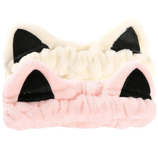 2 Pcs Cat Ears Headband, Cute Spa Headbands for Washing Face Skincare Makeup Headbands for Women Girls Trendy Stuff Present Soft Coral Fleece Hair Accessories(Pink Beige)