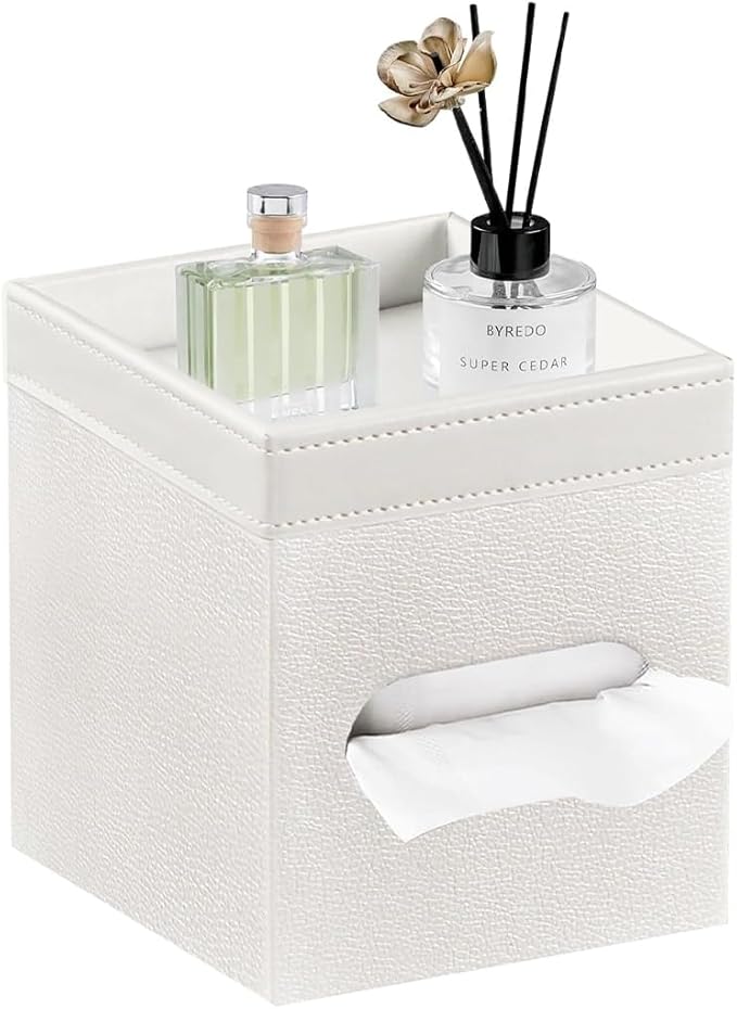 Tissue Box Cover Square, PU Leather Tissue Cube Box Holder with Storage Valet Tray, Decorative Tissue Holders, Modern Tissues Case Napkin Dispenser Facial Paper Organizer for Bathroom Vanity