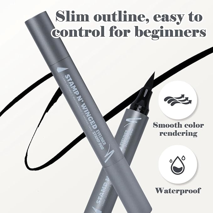 Winged Eyeliner Stamp & Liquid Pen Duo – Waterproof, Smudge-Proof, Dual-Ended Cat Eye Stamp for Perfect Wings – Long-Lasting Black Eyeliner for Beginners & Makeup Lovers