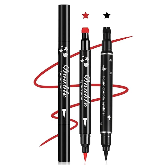 2PCS Double-headed Eyeliner Stamp Pencil Black and Red Liquid Winged Eyeliner Stamp Pen Waterproof Smudgeproof Eye Liner Stamp for Eye Makeup(Star)
