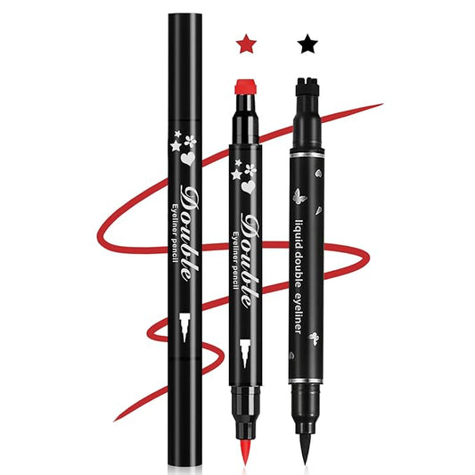 2PCS Double-headed Eyeliner Stamp Pencil Black and Red Liquid Winged Eyeliner Stamp Pen Waterproof Smudgeproof Eye Liner Stamp for Eye Makeup(Star)