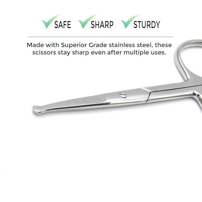 Rounded Stainless Steel Small Facial Hair Scissors, 3.7 Inches - Rounded Tip Scissors for Nose Hair, Mustache, Beard, Eyebrows, Eyelashes & Baby Nails