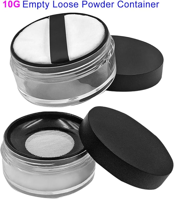 1 Pcs 20g(0.7 oz) And 1 Pcs 10g(0.33 oz) No Leaks Empty Reusable Plastic Loose Powder Container,Sponge Powder Puff,Elasticated Net Sifter,DIY Foundation Makeup Tool (2 Cases)