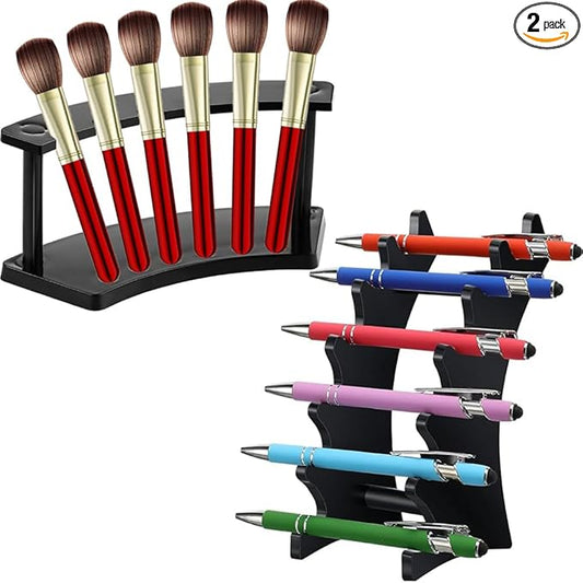 2 Pieces Plastic Pen Holder Stand, 6-Slots 2 Kinds Vertical and Horizontal Pen Display Stand Eyebrow Pen Stand Makeup Brush Rack Organizer for School Office Home Store (Black)
