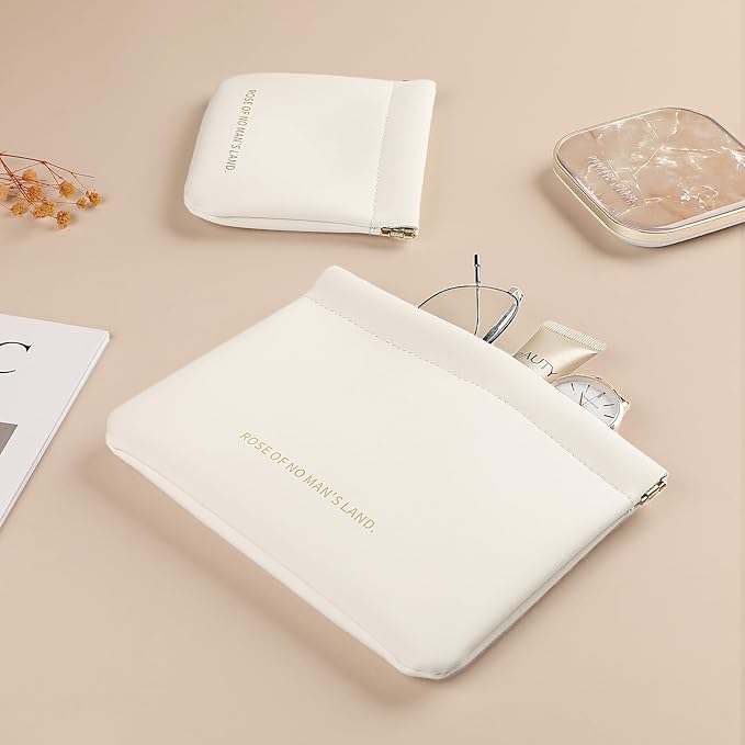 2 Pack Small Makeup Bag for Women, New Organosilicon Super Fiber Leather Mini Cosmetic Bag for Travel, Coin Purse Organizer Storage Pouch (Cream-Printed with Phrase)