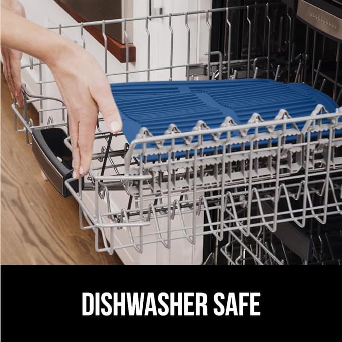 GORILLA GRIP 100% BPA-Free Patented Silicone Dish Drying Mat for Kitchen Counter, Water Catching Ribbed Design, Easy Clean Waterproof Sink Liner, Heat Resistant, Fits Under Rack, 11x13 Inch, Blue