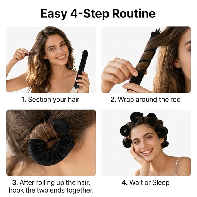 Overnight Heatless Hair Curler Blowout Rods Jumbo, Heatless Curls Satin Flexi Rods for Overnight Sleeping, No Heat Curling Tool for All Hair Types, Soft Heatless Hair Curler (Black，4 Rods)