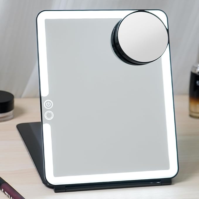 FUNTOUCH 10x7.5 Portable Large Travel Makeup Mirror with Light, 1800mAh Rechargeable Lighted Travel Makeup Mirrors with 3 Color Lights, Dimmable Folding Light Up Make up Mirror with Small 10x Mirror