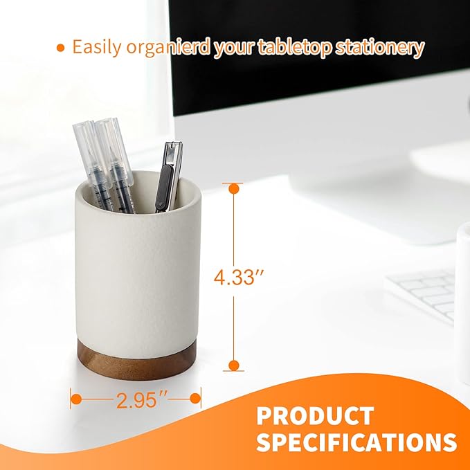 Pen Holder for Desk, Ceramic Pencil Organizer & Makeup Brush Holder, Office Decor and Desk Accessories，Perfect Office Organization,Teacher Supplies(White, Set / 2)