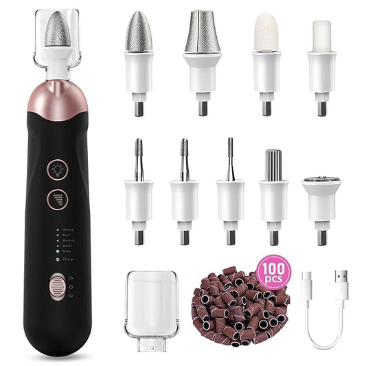 2 Pack All-in-One 9-in-1 Cordless Nail Drill Kit: 100 Bits, 5 Speeds for Perfect Nails at Home & Salon,Black