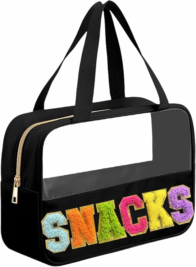 Chenille Letter Snacks Bag Clear Snack Bag Pouch with Handle and Zipper Waterproof Nylon Portable Travel Tote Makeup Bag for Women