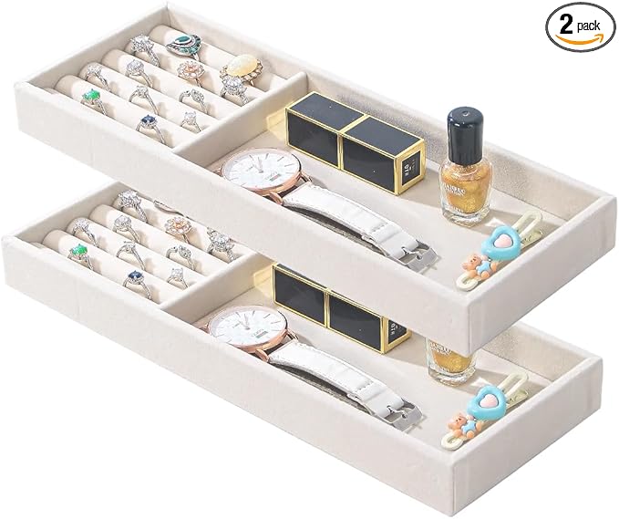 2Pcs Desk Drawer Storage Tray, Nightstand Organizer, Necklace Bracelet Ring Earring Jewelry Display, Grid Table Organizer Holder for Sunglass, Phone, Watch, Perfume (2 grid)/Beige