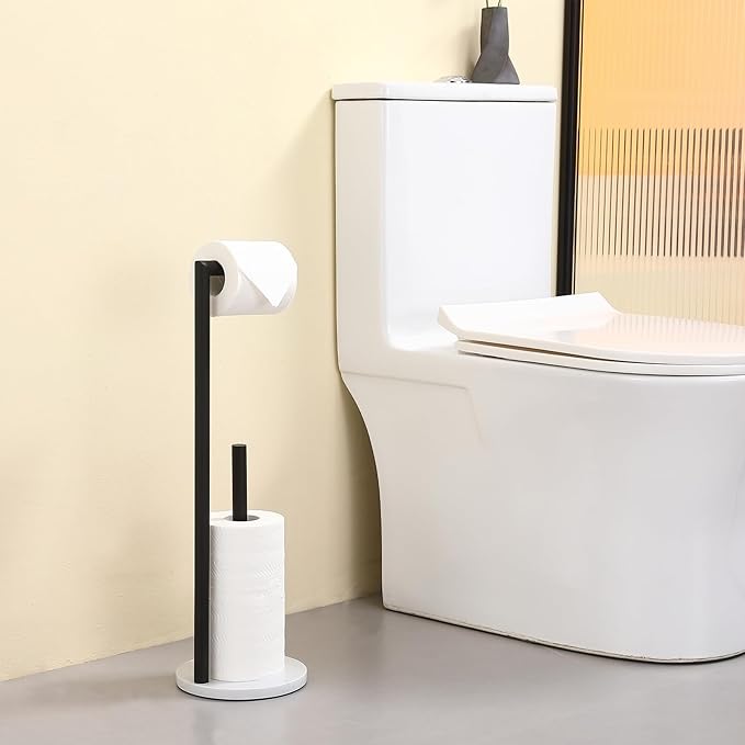 Hoooh Free Standing Toilet Paper Holder with Reserve - Heavyweight Marble Base & Matte Black Stainless Steel Bathroom Tissue Stand