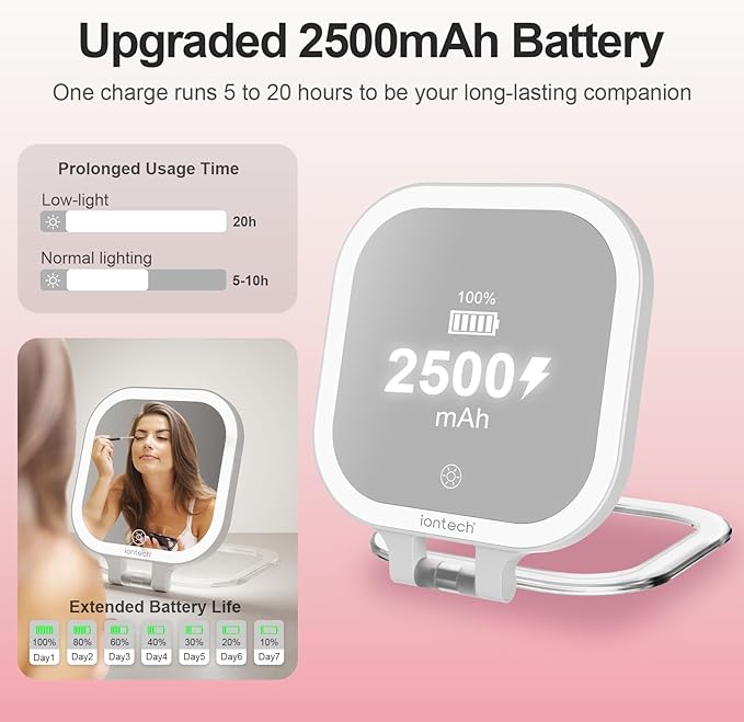 ION 7in Travel Magnifying Mirror with Light,1x/10x Makeup Mirror with Magnification,2500mAh Battery Double Sided Vanity Mirror,3 Color Light,Brightness Adjustment Memory,Folding Stand (Pink)