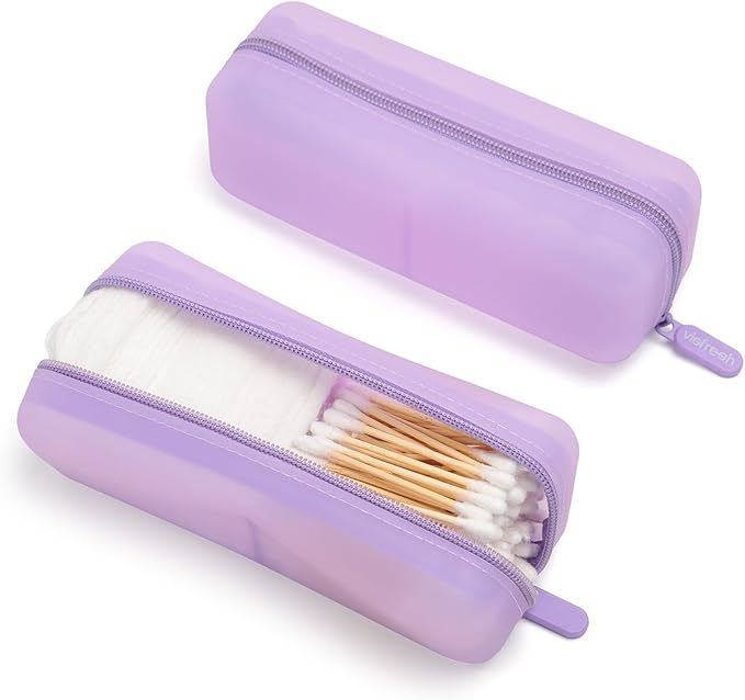 Cotton Pad Swab Travel Case – 2-in-1 Portable Waterproof Qtips Dispenser for Cotton Square Pad & Qtip, Floss, Bobbi Pin, Nail Kit, Hair Accessories Organizer TSA Compliance – VISFRESH (Purple)