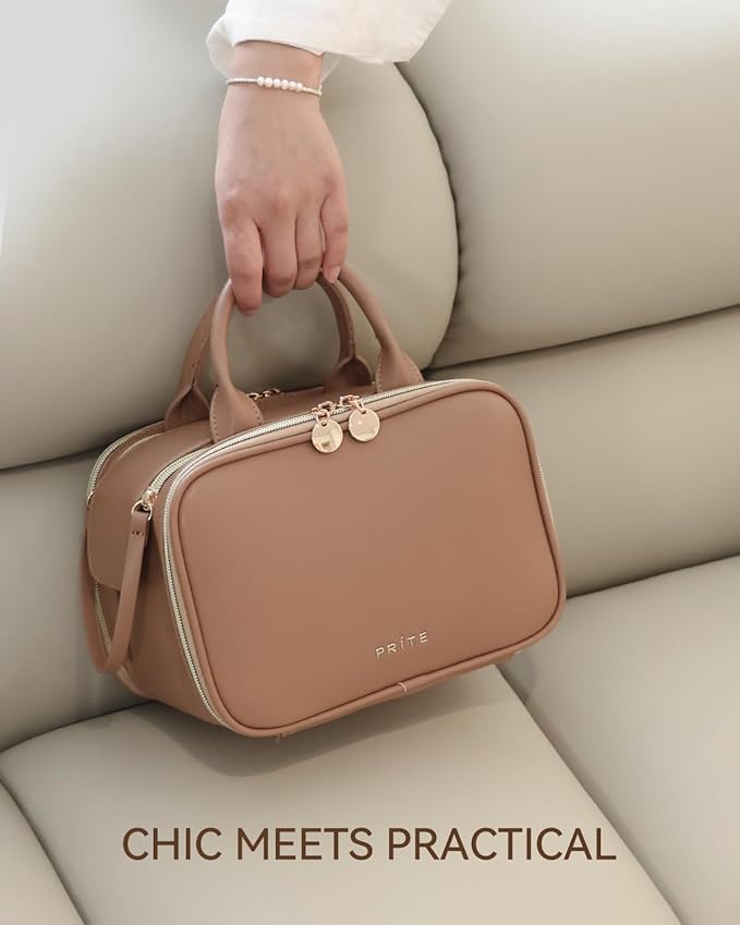 Prite Makeup Bag for Women, Large Capacity Waterproof Travel Cosmetic Organizer, Portable Open Flat Toiletry Bag with Free-standing Brush Holder and Handle(Brown Large)