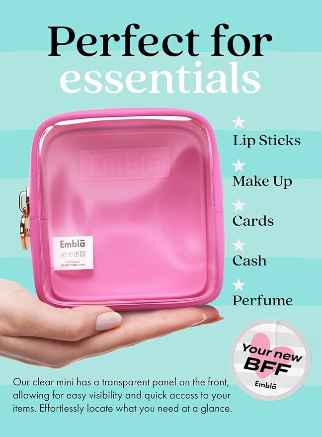 Embla London Makeup Bag Cosmetic Case, Clear Zipper Make Up Pouch and Toiletry Travel Tote, Cute Skincare Pouches for Women Girls, Preppy Purse Cosmetic Organizer, Mini Makeup Bags, Bubblegum
