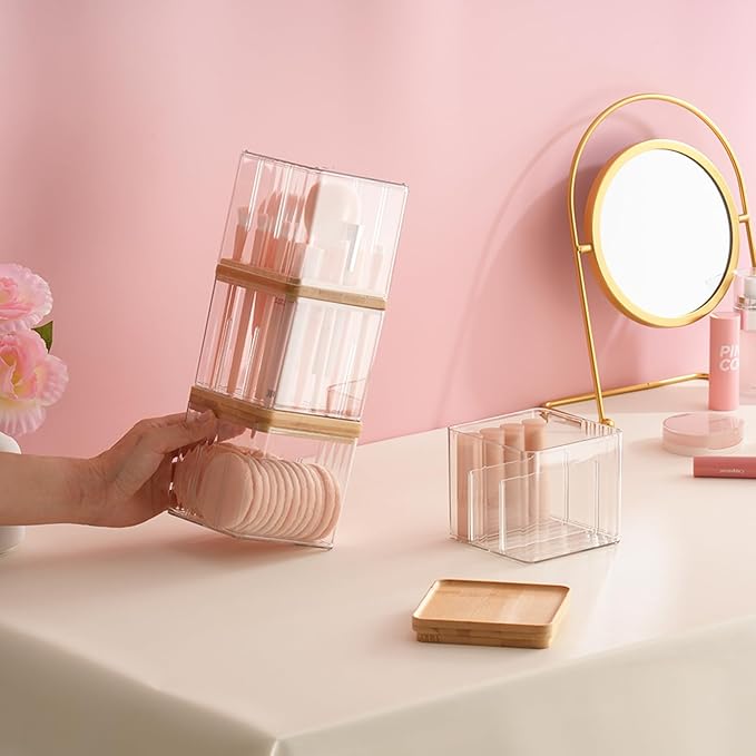 Makeup Brush Holder Comb with Cover Makeup Containers Organizers Set Makeup Holder Box Cosmetic Case With Lid Waterproof Dustproof Beauty Skincare Organizer Bathroom Vanity Countertop,Gift,Clear，3PCS