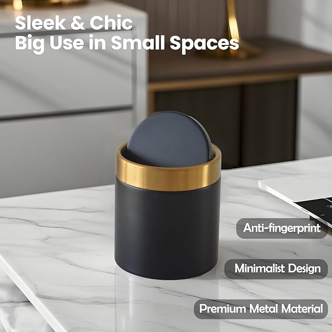 Mini Trash Can with Lid, 1.5 Liter / 0.4 Gallon Small Metal Desk Garbage Bin for Countertop, Coffee Bar, Vanity – Black