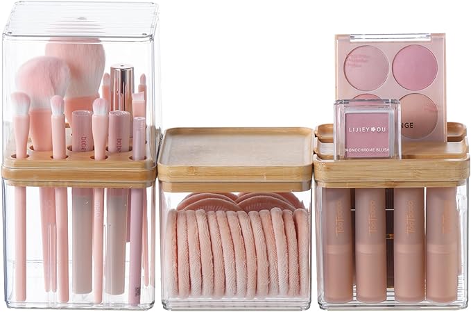 Makeup Brush Holder Comb with Cover Makeup Containers Organizers Set Makeup Holder Box Cosmetic Case With Lid Waterproof Dustproof Beauty Skincare Organizer Bathroom Vanity Countertop,Gift,Clear，3PCS
