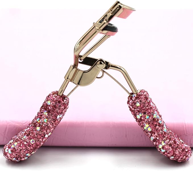 Bling Makeup Eyelash Curler with Refill Silicone Pressure Pads and Spring Loaded for No Pinching or Pulling (Pink)