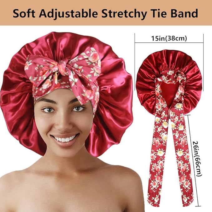 2pcs Large Silky Bonnets with tie Band Braid Bonnet, Satin Bonnet for Sleeping Curly Hair, C