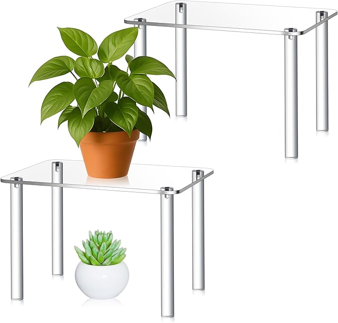 2 Pcs Extra Large 6mm Thick Acrylic Rectangular 4-leg Display Risers, Acrylic Plant Stand, Clear Shelf Riser Display Stands for Decor Collectibles Figures (12×8×8in)