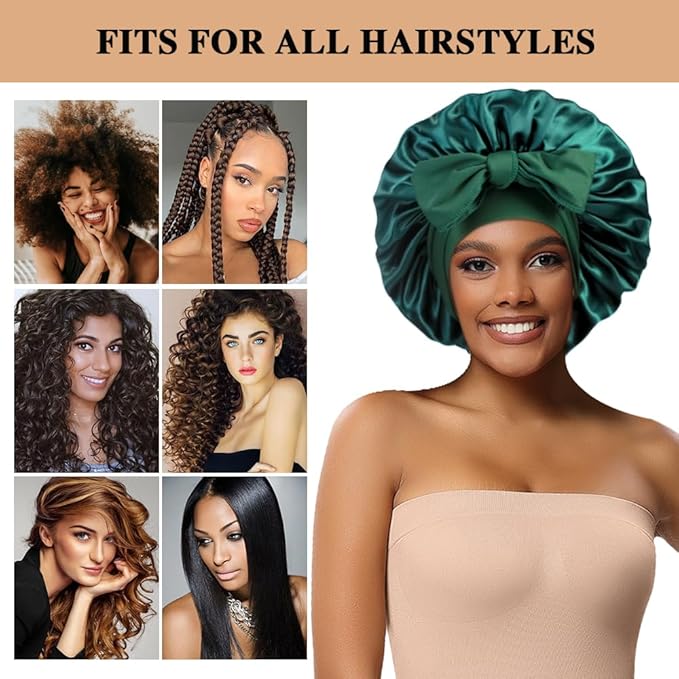 2+3 Large Satin Bonnets with Scrunchies for Women, Hair Bonnet Sleeping Tie Bonnet for Braids Curly Hair