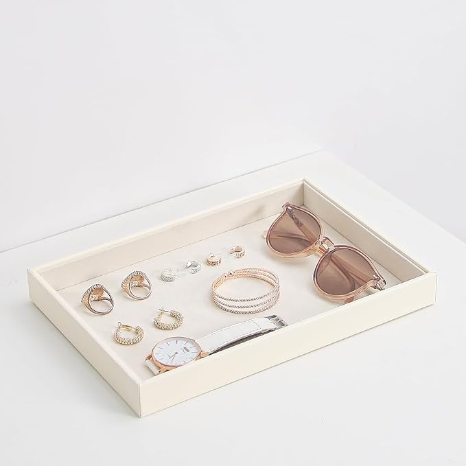 Ausalivan Stackable Jewelry Organizer Tray For Drawers,White Leather Small Earring Storage Tray,Bracelet And Necklace Display Box,Jewelry Ring Display Case (Creamy White Blank Trays)