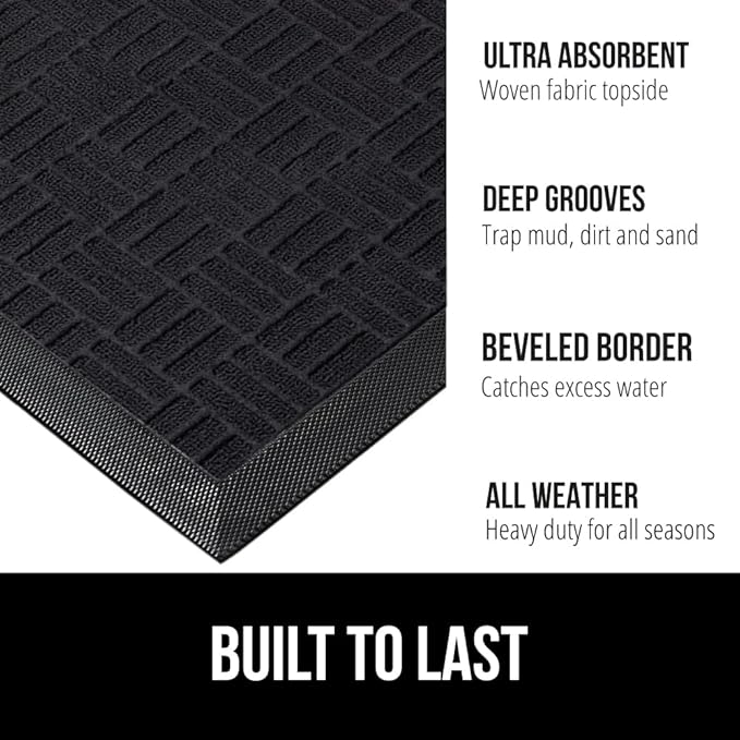 GORILLA GRIP 100% Waterproof All-Season WeatherMAX Doormat, 34x58, US Designed Natural Rubber, Stain and Fade Resistant, Low Profile Indoor Outdoor Door Mats, Easy Clean Patio Mat, Midnight Maze