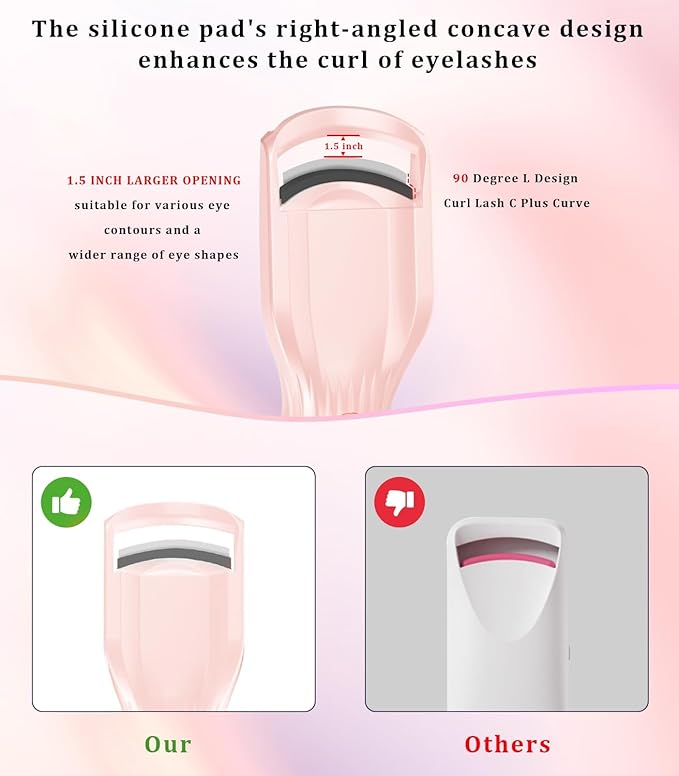 Heated Eyelash Curler Premium PRO - Fast Heat up in 8s - 24 Hours Long Lasting - Rechargeable Electric Eyelash Curler with Type-C, Innovative L Silicone, 2 Heat Modes, Anti-Burn Eyelid, Pink-FD