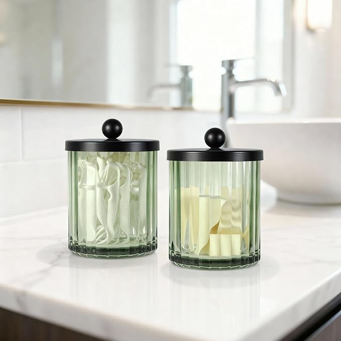 Amolliar Sage Green Glass Apothecary Jar, Qtip Holder Dispenser for Cotton Swabs, Balls, Makeup Pads, Floss Picks, Bathroom Essential Accessories, Countertop Canister Storage Organizer (Black, 2 Pack)