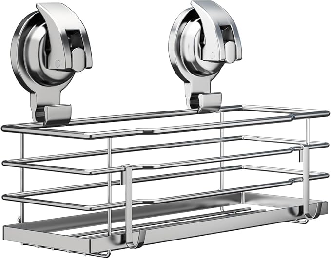 TESOT Suction Cup Shower Caddy, Shower Shelf Soap Dish with Hooks for Razor, Sponge, Rust Proof 304 Stainless Steel, Silver