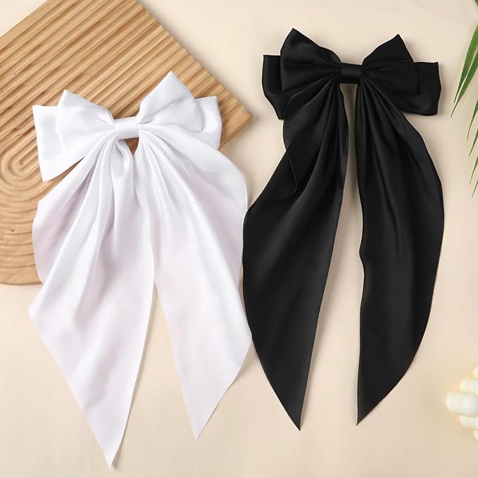 2PCS Big Hair Bow Clips for Women Girls – Black & White Ribbon Bow Barrettes with Long Tails, Large Satin Hair Accessories for Ponytail, Party, Wedding, Daily Styling
