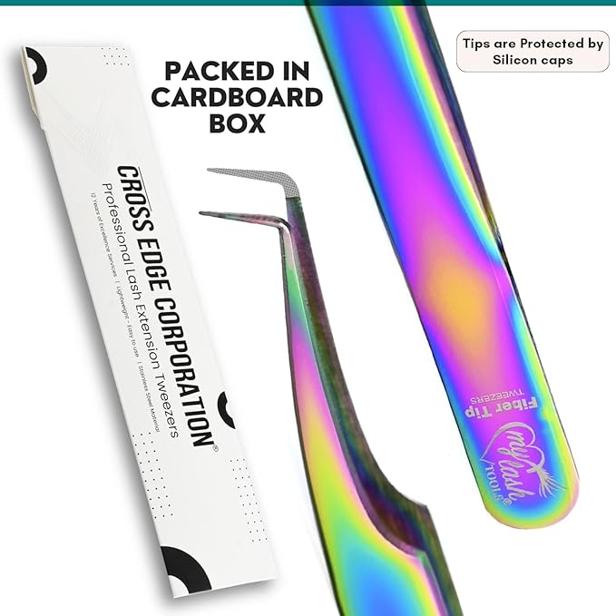 2pcs Fiber Tip Lash Tweezer Set – 90 Degree Volume Eyelash Extension Tweezers, Precision Stainless Steel, Professional Isolation Tools for Classic, Volume, Mega Volume Fans, Non Slip Grip (Rainbow)